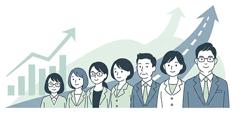 タブレットを使って打ち合わせするビジネスチームのイラスト