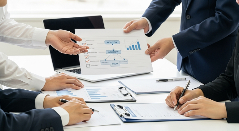 業務フロー資料を共有しながら実務内容を確認する様子