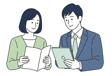 資料を見ながら相談する男女のビジネスイラスト